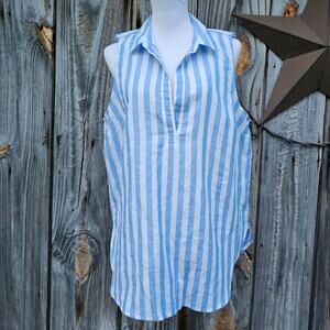 Striped Sleeveless Top J. CREW Factory Size Large Shirt Blue White Linen Blend